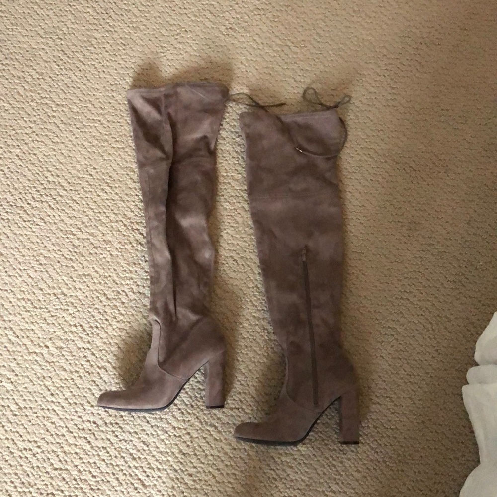 Gray/Tan Thigh High Boots